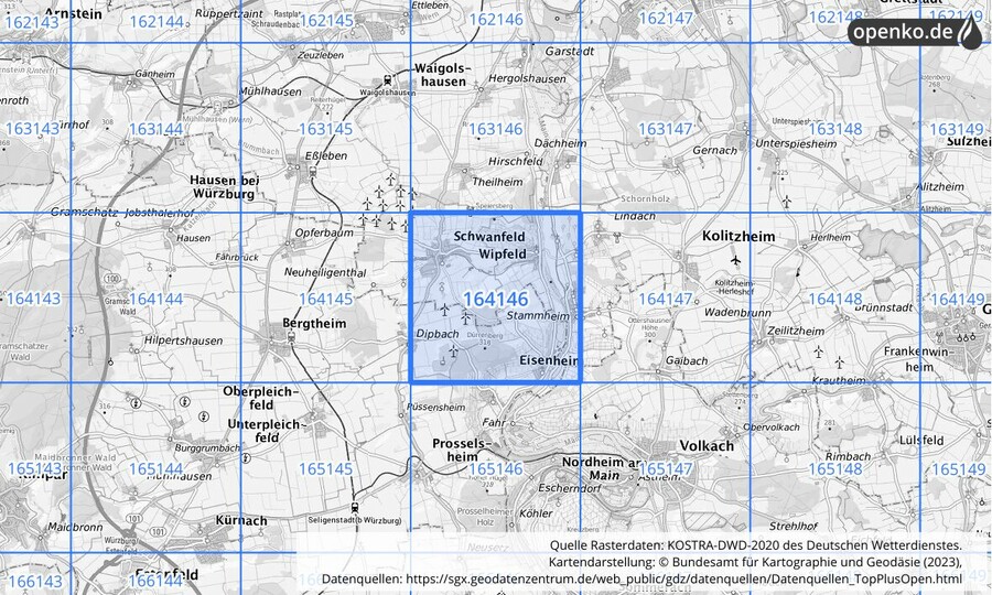 Übersichtskarte des KOSTRA-DWD-2020-Rasterfeldes Nr. 164146
