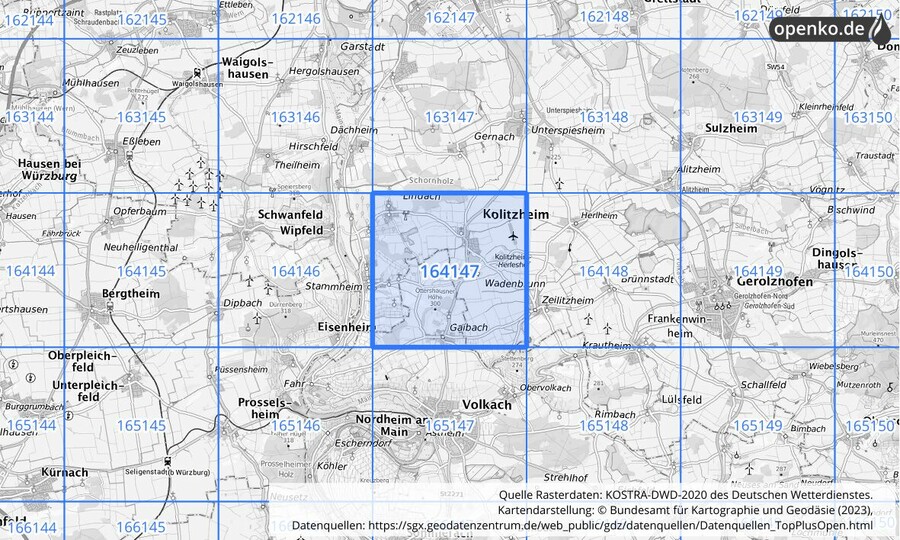 Übersichtskarte des KOSTRA-DWD-2020-Rasterfeldes Nr. 164147