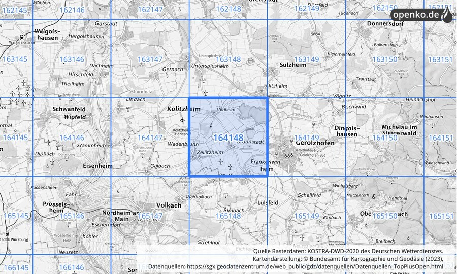 Übersichtskarte des KOSTRA-DWD-2020-Rasterfeldes Nr. 164148