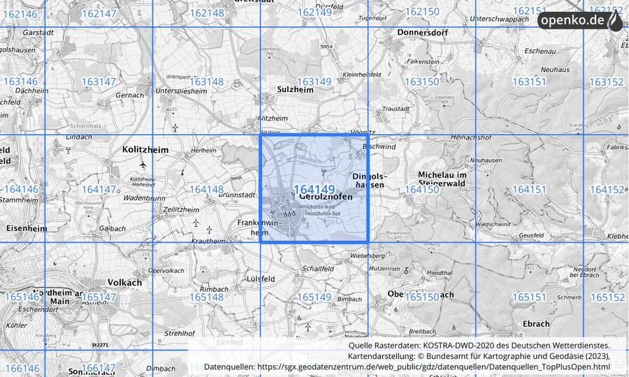 Übersichtskarte des KOSTRA-DWD-2020-Rasterfeldes Nr. 164149