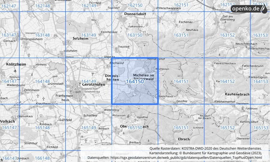 Übersichtskarte des KOSTRA-DWD-2020-Rasterfeldes Nr. 164150