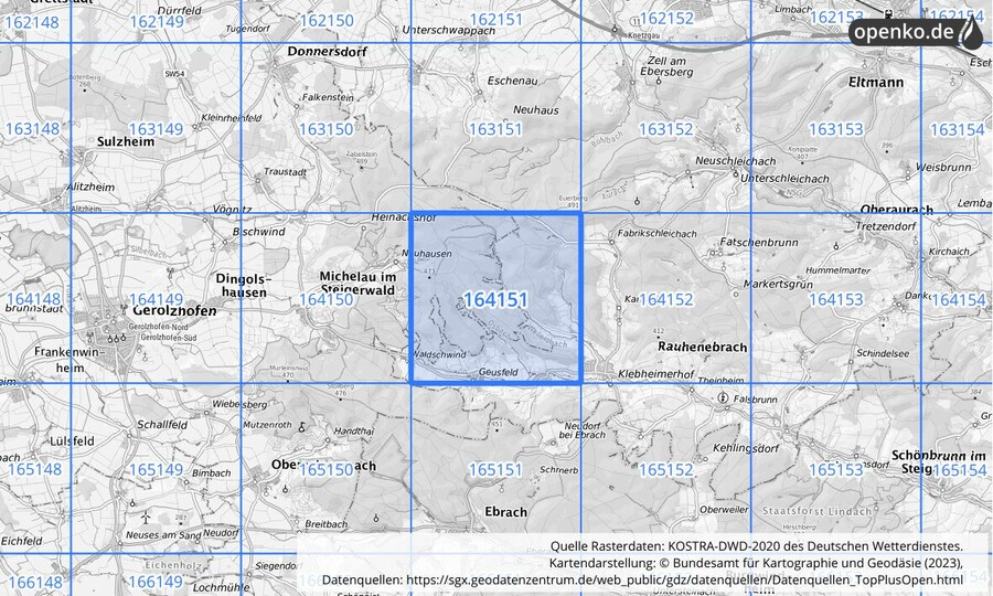 Übersichtskarte des KOSTRA-DWD-2020-Rasterfeldes Nr. 164151