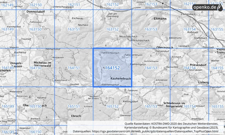 Übersichtskarte des KOSTRA-DWD-2020-Rasterfeldes Nr. 164152