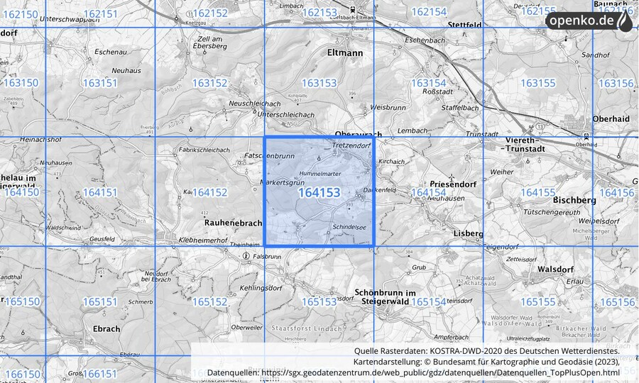 Übersichtskarte des KOSTRA-DWD-2020-Rasterfeldes Nr. 164153