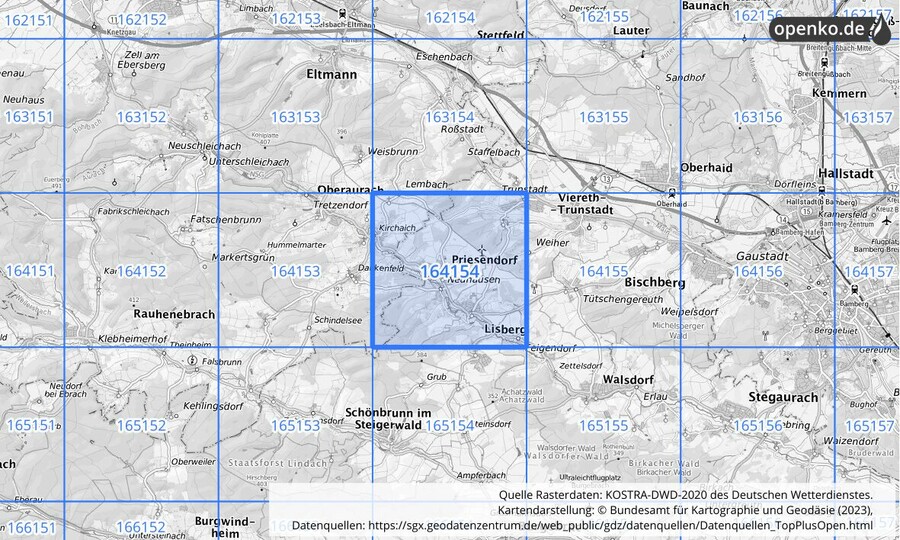 Übersichtskarte des KOSTRA-DWD-2020-Rasterfeldes Nr. 164154