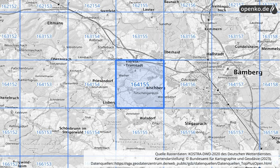 Übersichtskarte des KOSTRA-DWD-2020-Rasterfeldes Nr. 164155