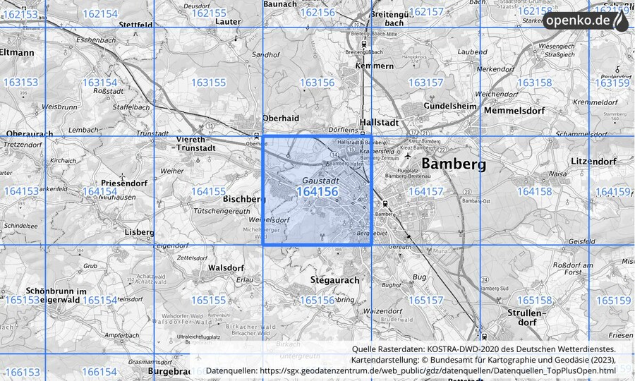 Übersichtskarte des KOSTRA-DWD-2020-Rasterfeldes Nr. 164156