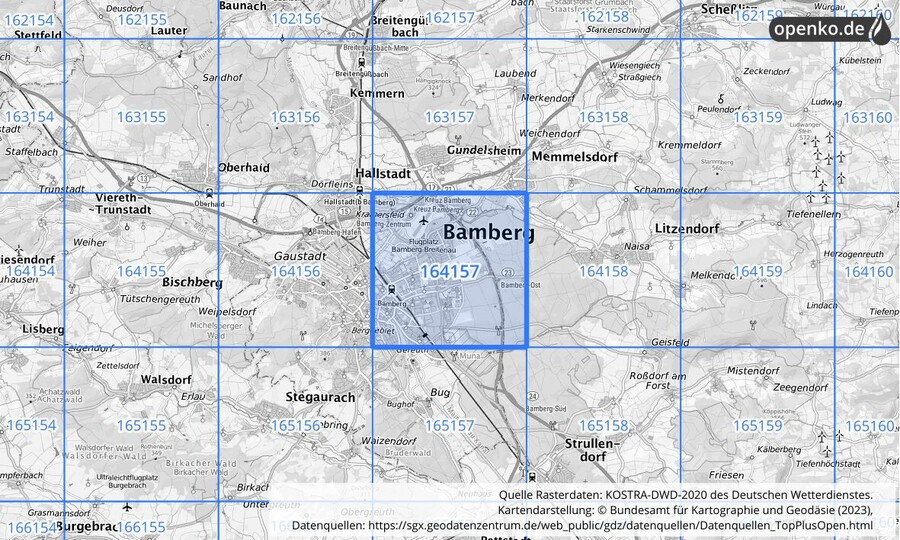 Übersichtskarte des KOSTRA-DWD-2020-Rasterfeldes Nr. 164157