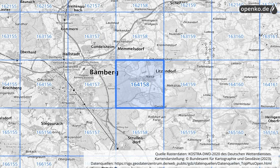 Übersichtskarte des KOSTRA-DWD-2020-Rasterfeldes Nr. 164158