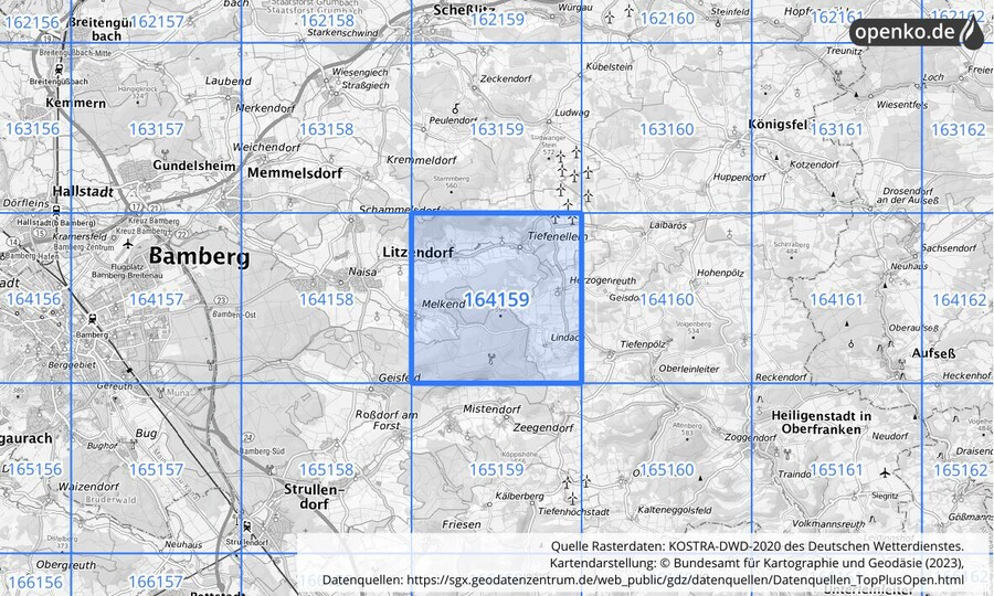 Übersichtskarte des KOSTRA-DWD-2020-Rasterfeldes Nr. 164159
