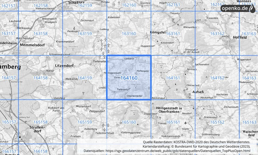 Übersichtskarte des KOSTRA-DWD-2020-Rasterfeldes Nr. 164160