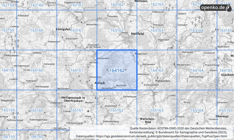 Übersichtskarte des KOSTRA-DWD-2020-Rasterfeldes Nr. 164162