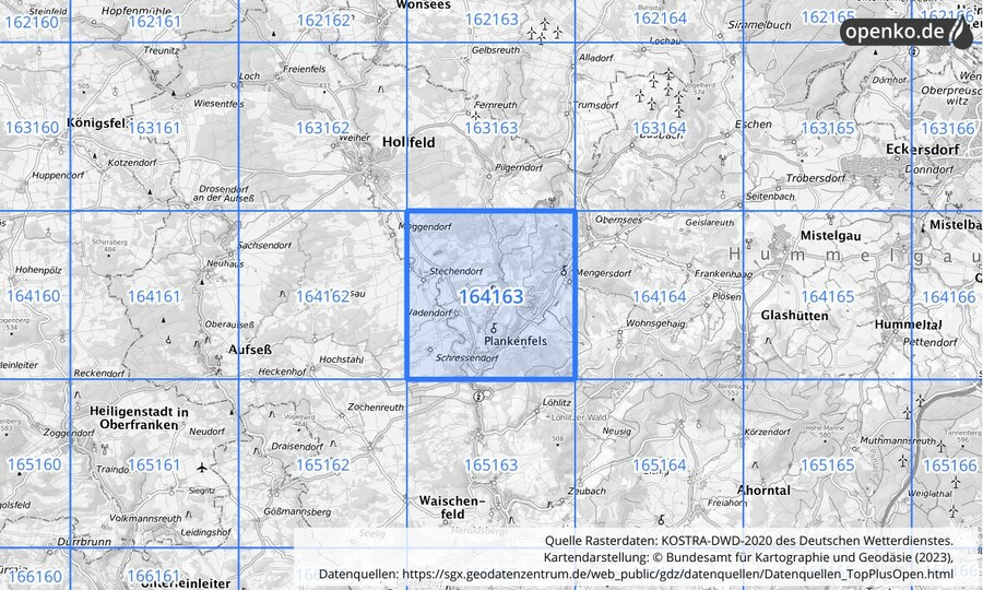 Übersichtskarte des KOSTRA-DWD-2020-Rasterfeldes Nr. 164163