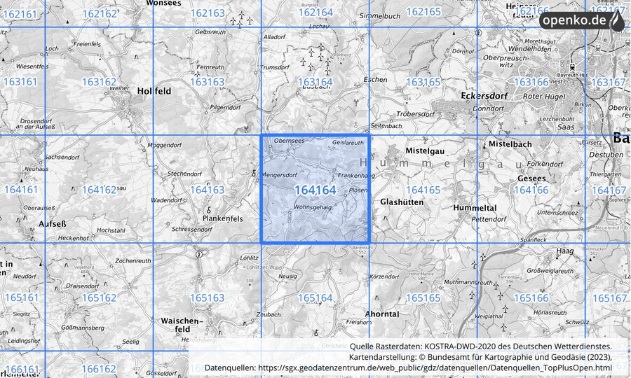 Übersichtskarte des KOSTRA-DWD-2020-Rasterfeldes Nr. 164164