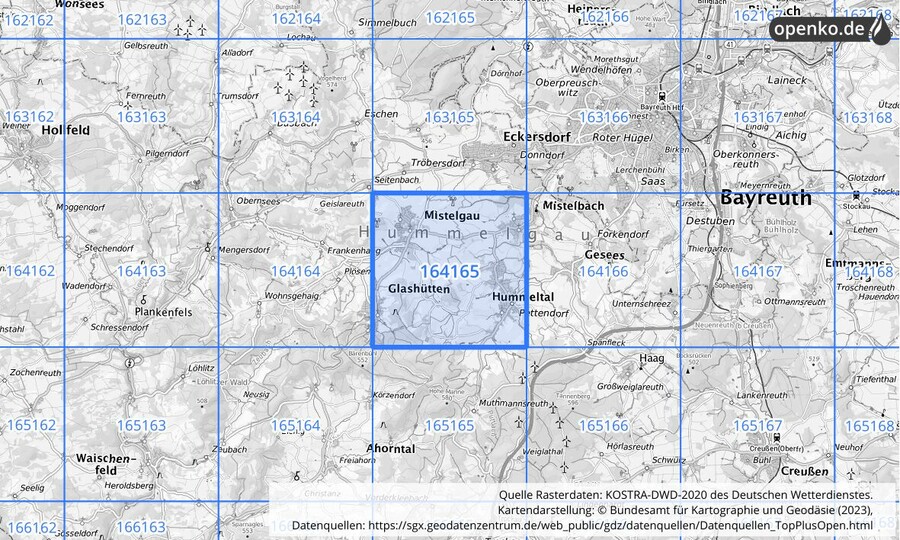 Übersichtskarte des KOSTRA-DWD-2020-Rasterfeldes Nr. 164165