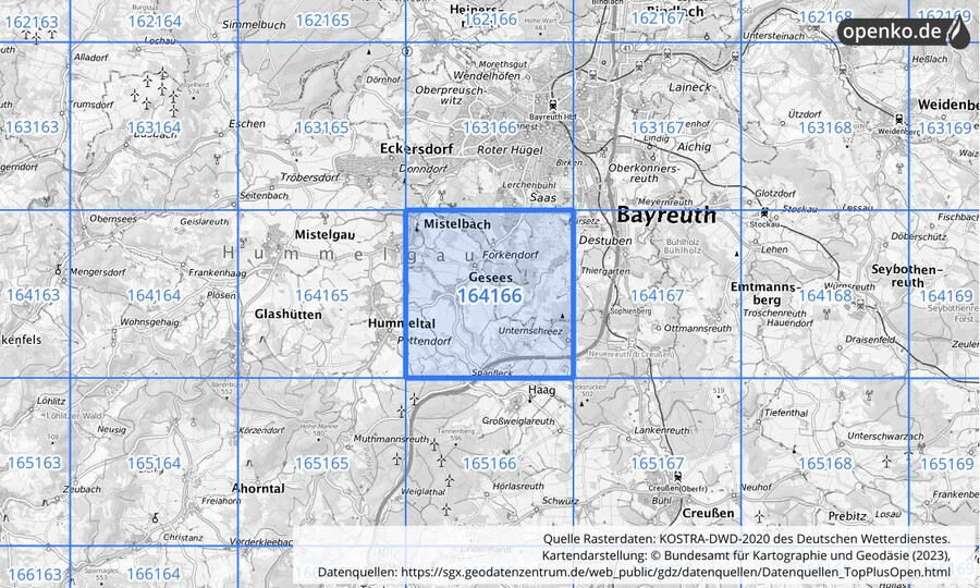 Übersichtskarte des KOSTRA-DWD-2020-Rasterfeldes Nr. 164166