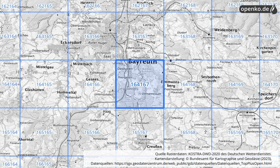 Übersichtskarte des KOSTRA-DWD-2020-Rasterfeldes Nr. 164167