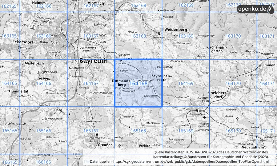 Übersichtskarte des KOSTRA-DWD-2020-Rasterfeldes Nr. 164168