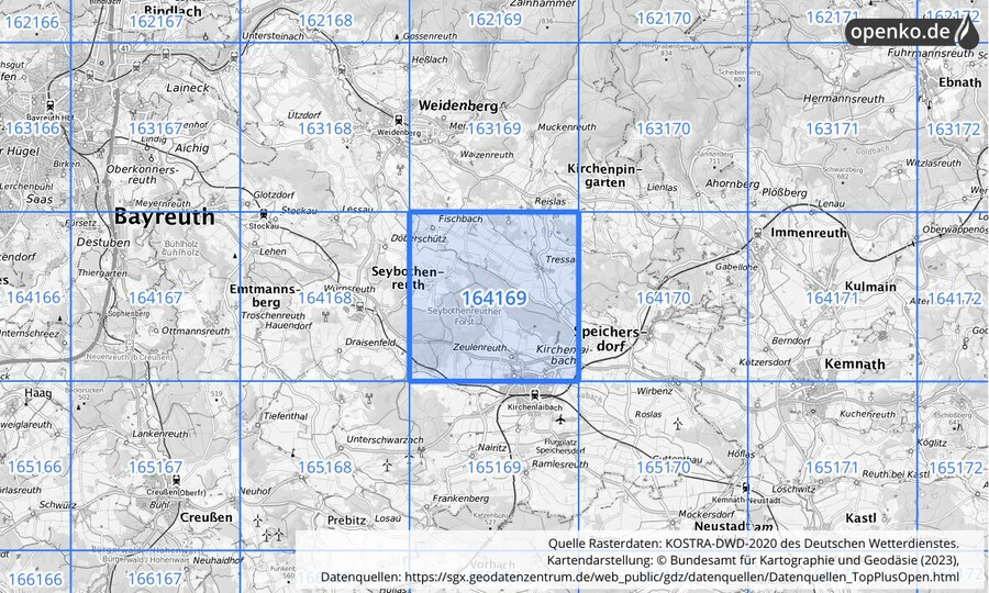 Übersichtskarte des KOSTRA-DWD-2020-Rasterfeldes Nr. 164169