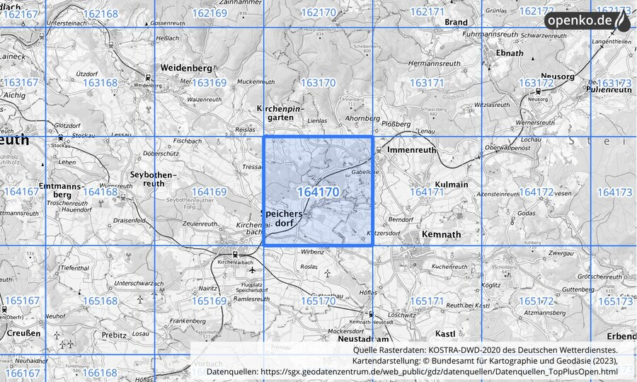 Übersichtskarte des KOSTRA-DWD-2020-Rasterfeldes Nr. 164170