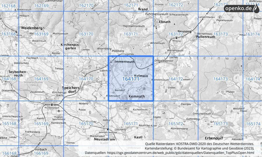 Übersichtskarte des KOSTRA-DWD-2020-Rasterfeldes Nr. 164171
