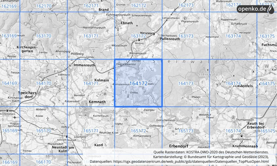 Übersichtskarte des KOSTRA-DWD-2020-Rasterfeldes Nr. 164172