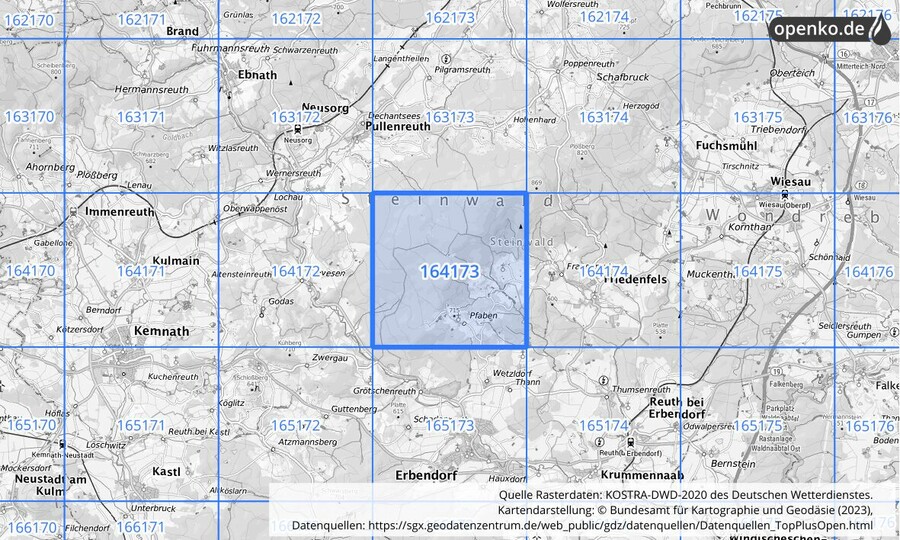 Übersichtskarte des KOSTRA-DWD-2020-Rasterfeldes Nr. 164173