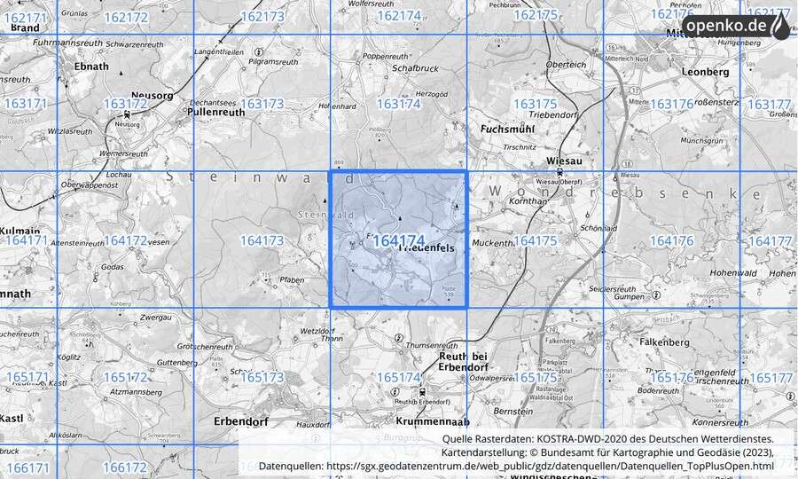 Übersichtskarte des KOSTRA-DWD-2020-Rasterfeldes Nr. 164174