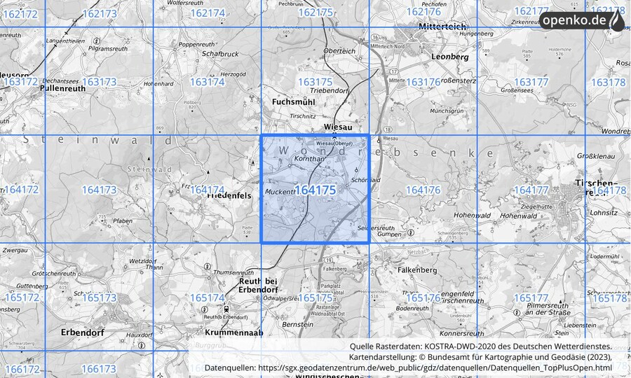 Übersichtskarte des KOSTRA-DWD-2020-Rasterfeldes Nr. 164175