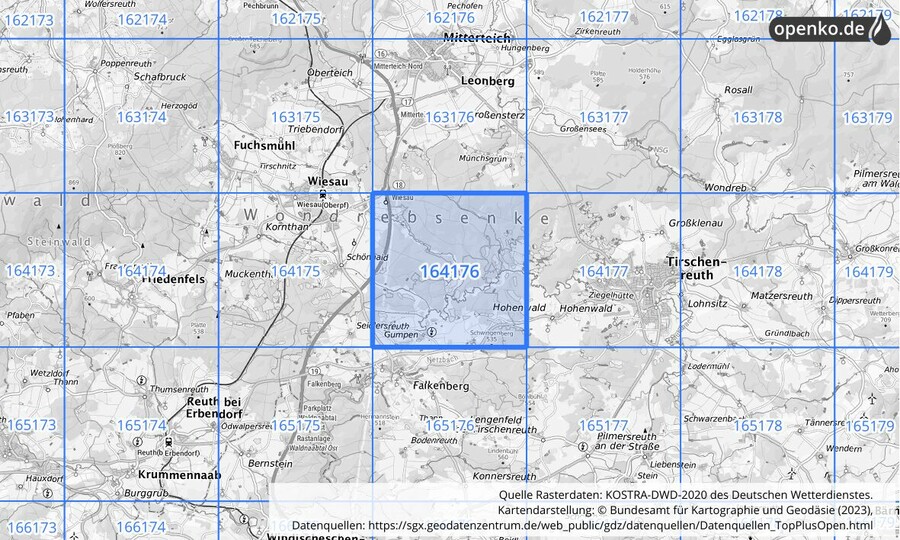 Übersichtskarte des KOSTRA-DWD-2020-Rasterfeldes Nr. 164176