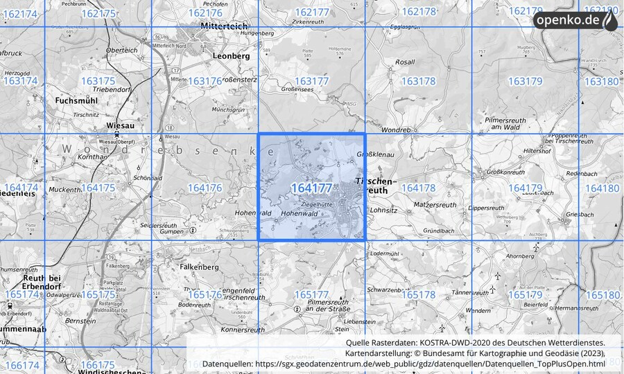 Übersichtskarte des KOSTRA-DWD-2020-Rasterfeldes Nr. 164177