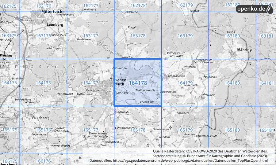 Übersichtskarte des KOSTRA-DWD-2020-Rasterfeldes Nr. 164178