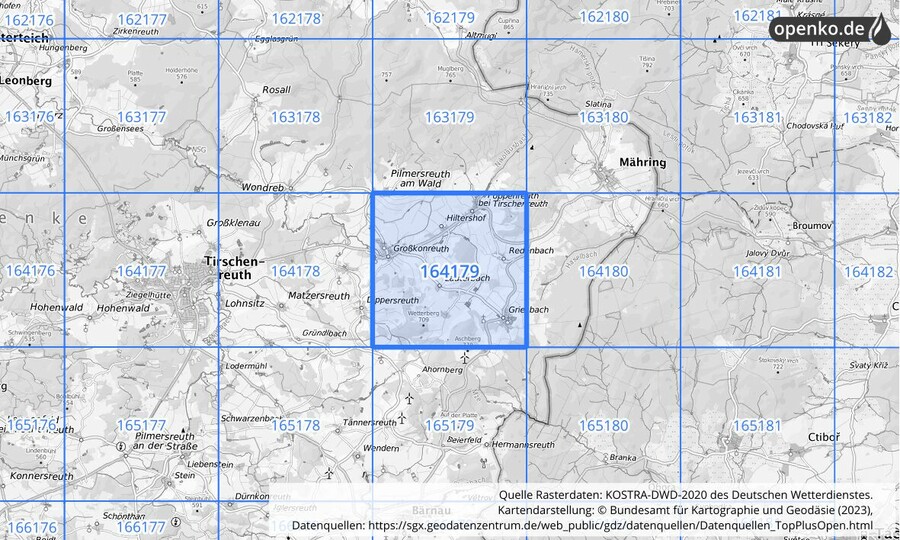 Übersichtskarte des KOSTRA-DWD-2020-Rasterfeldes Nr. 164179