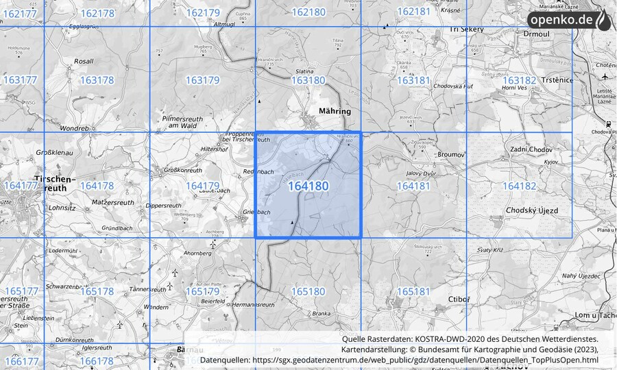 Übersichtskarte des KOSTRA-DWD-2020-Rasterfeldes Nr. 164180