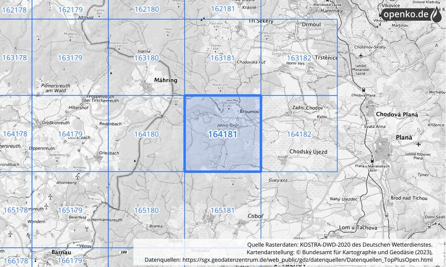 Übersichtskarte des KOSTRA-DWD-2020-Rasterfeldes Nr. 164181