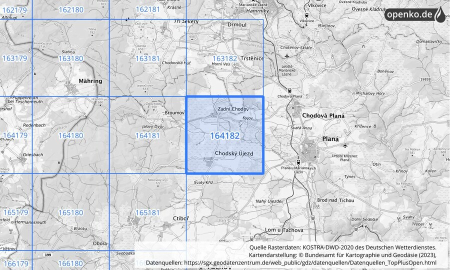 Übersichtskarte des KOSTRA-DWD-2020-Rasterfeldes Nr. 164182