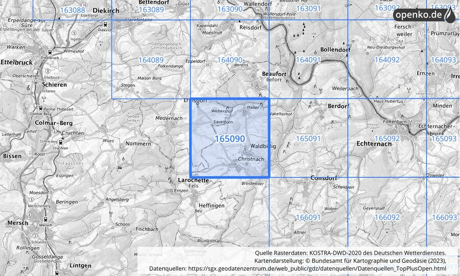 Übersichtskarte des KOSTRA-DWD-2020-Rasterfeldes Nr. 165090