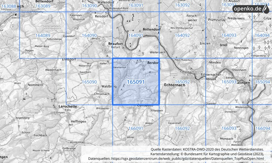 Übersichtskarte des KOSTRA-DWD-2020-Rasterfeldes Nr. 165091