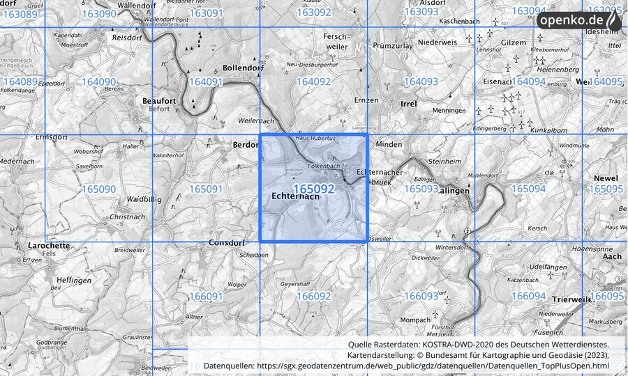 Übersichtskarte des KOSTRA-DWD-2020-Rasterfeldes Nr. 165092