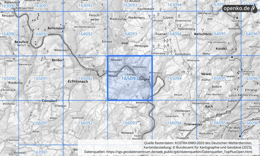 Übersichtskarte des KOSTRA-DWD-2020-Rasterfeldes Nr. 165093