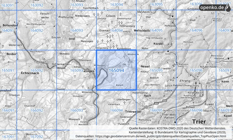 Übersichtskarte des KOSTRA-DWD-2020-Rasterfeldes Nr. 165094