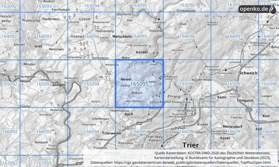 Übersichtskarte des KOSTRA-DWD-2020-Rasterfeldes Nr. 165095