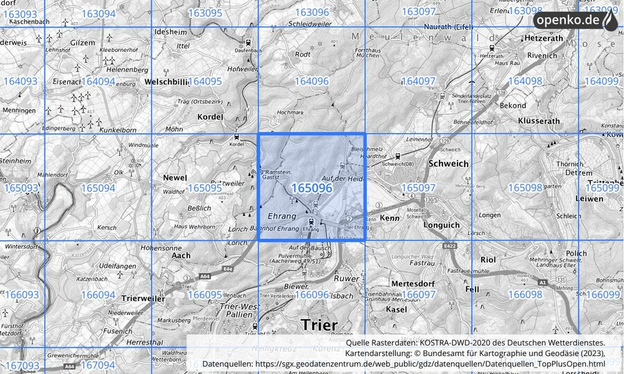 Übersichtskarte des KOSTRA-DWD-2020-Rasterfeldes Nr. 165096