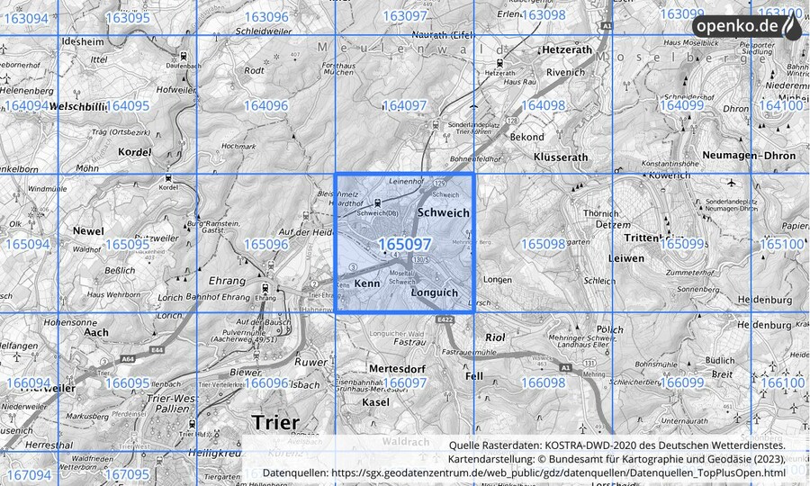 Übersichtskarte des KOSTRA-DWD-2020-Rasterfeldes Nr. 165097