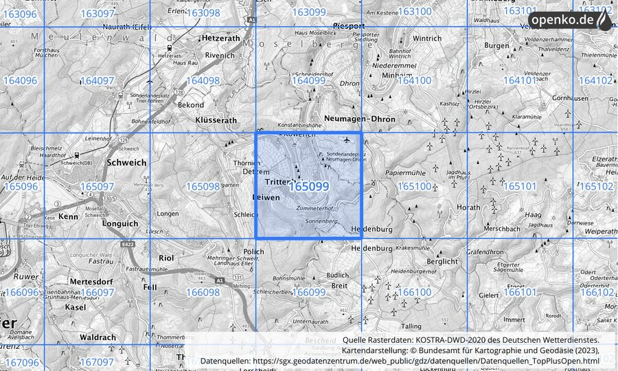 Übersichtskarte des KOSTRA-DWD-2020-Rasterfeldes Nr. 165099