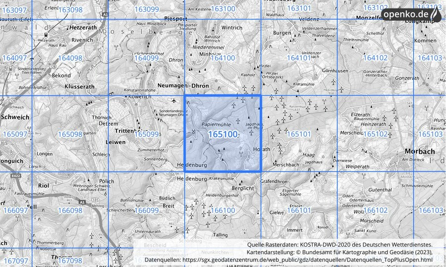 Übersichtskarte des KOSTRA-DWD-2020-Rasterfeldes Nr. 165100