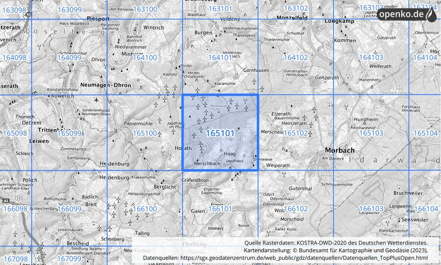 Übersichtskarte des KOSTRA-DWD-2020-Rasterfeldes Nr. 165101