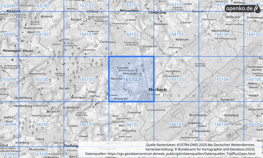 Übersichtskarte des KOSTRA-DWD-2020-Rasterfeldes Nr. 165102