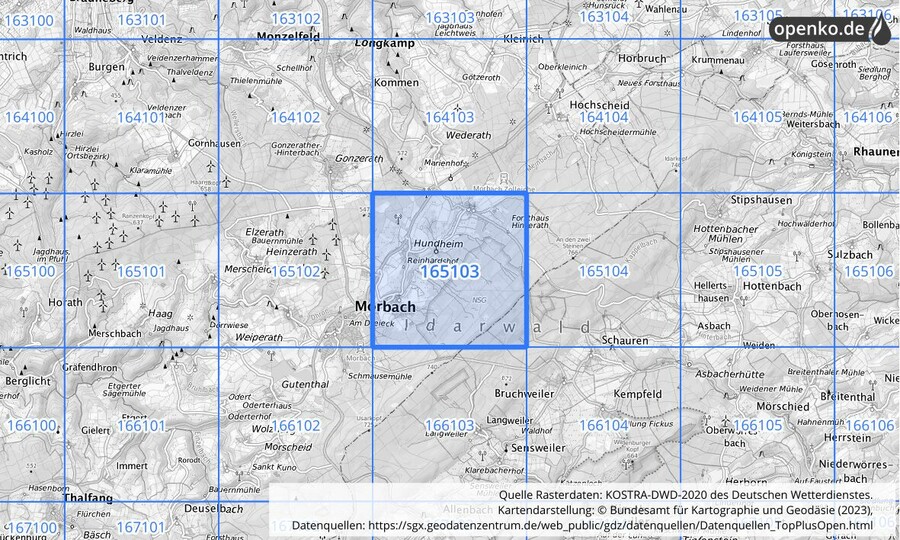 Übersichtskarte des KOSTRA-DWD-2020-Rasterfeldes Nr. 165103