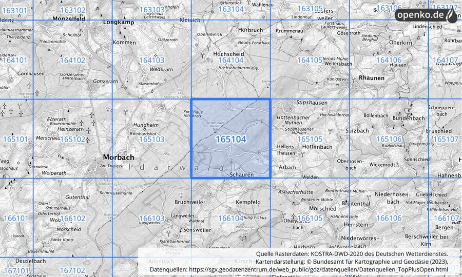 Übersichtskarte des KOSTRA-DWD-2020-Rasterfeldes Nr. 165104